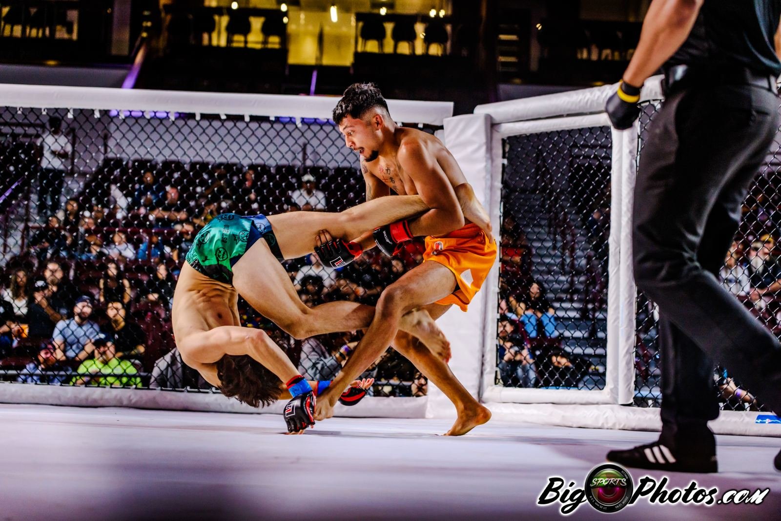 MMA fighter lands a takedown in the cage